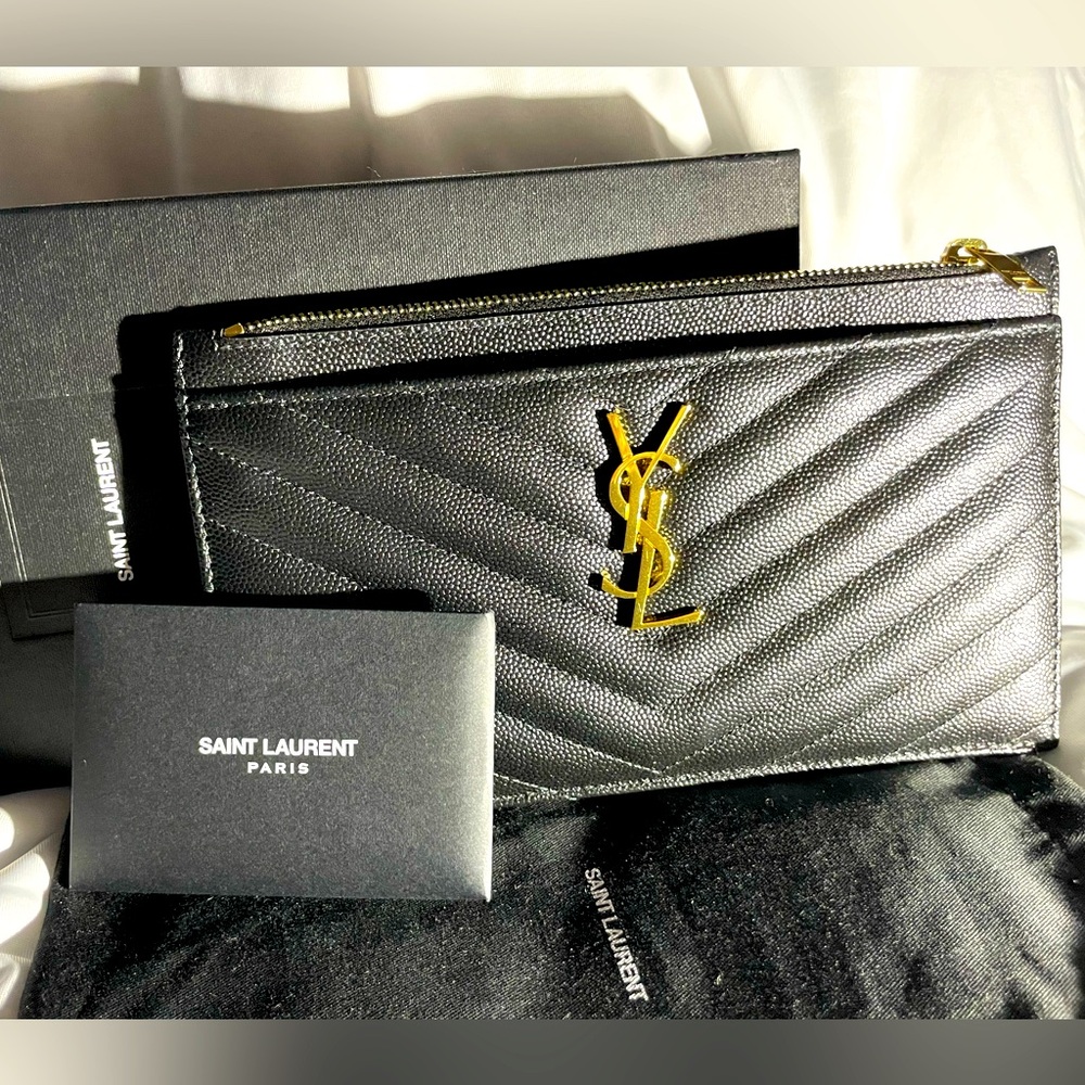 Authentic NIB YSL Black Quilted Clutch with Gold Logo